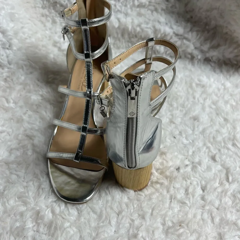 Nanette Lepore metallic silver T ankle straps sandals back zipper block 2” heels